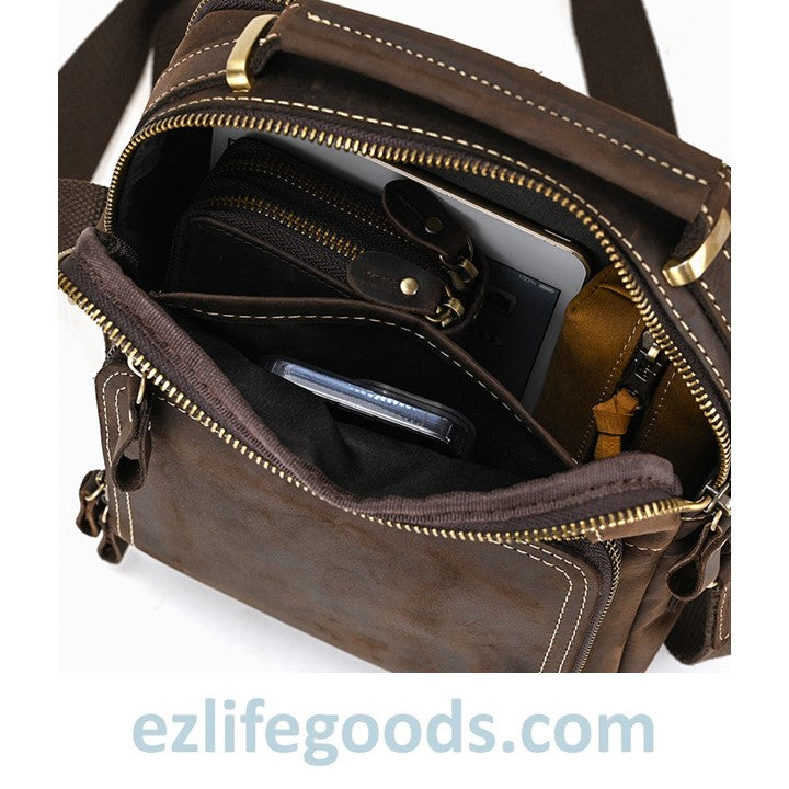 EZLIFEGOODS-Genuine Leather Crossbody Bag for Men| Brown Messenger Shoulder Bag with Many Pockets Dark Brown