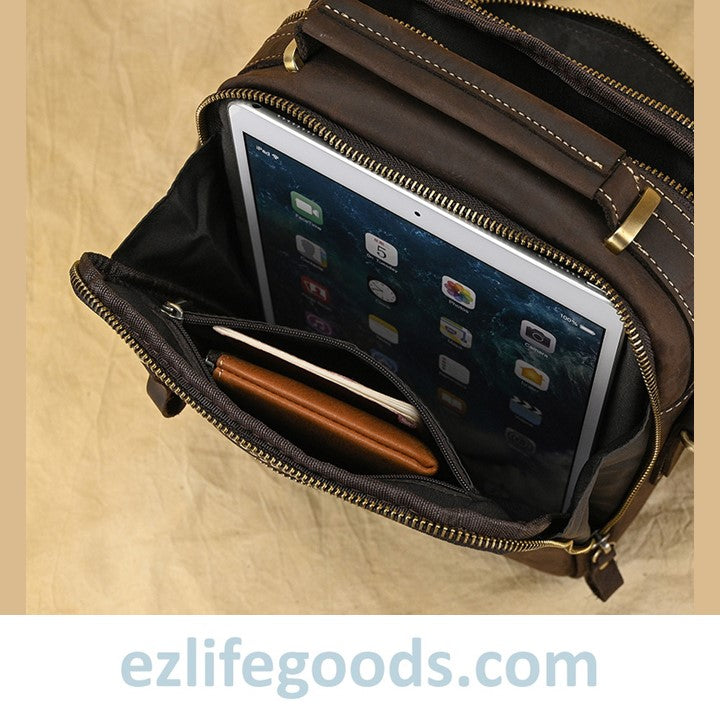 EZLIFEGOODS-Genuine Leather Crossbody Bag for Men| Brown Messenger Shoulder Bag with Many Pockets Dark Brown