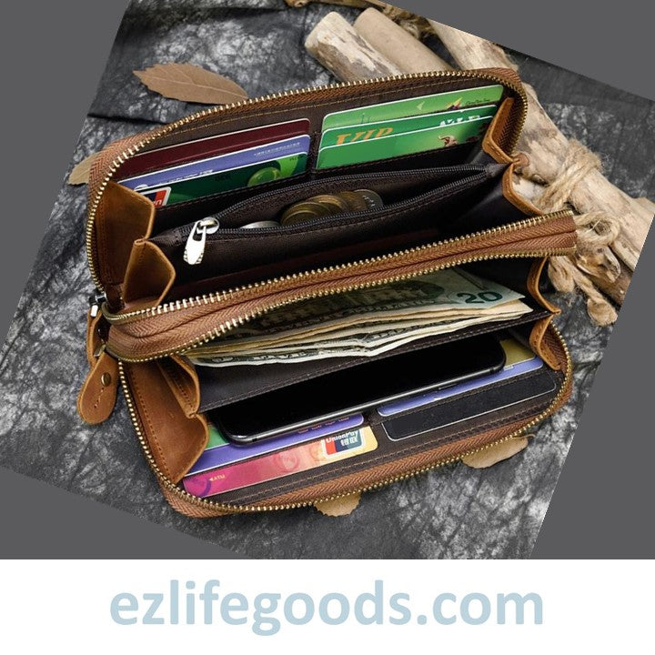 EZLIFEGOODS-Unisex Crazy Horse Genuine Leather Double Zipper Long Wallet Light Brown