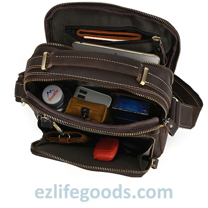 EZLIFEGOODS-Genuine Leather Crossbody Bag for Men| Brown Messenger Shoulder Bag with Many Pockets Dark Brown