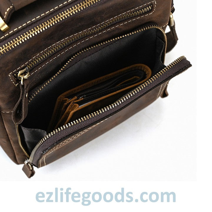 EZLIFEGOODS-Genuine Leather Crossbody Bag for Men| Brown Messenger Shoulder Bag with Many Pockets Dark Brown