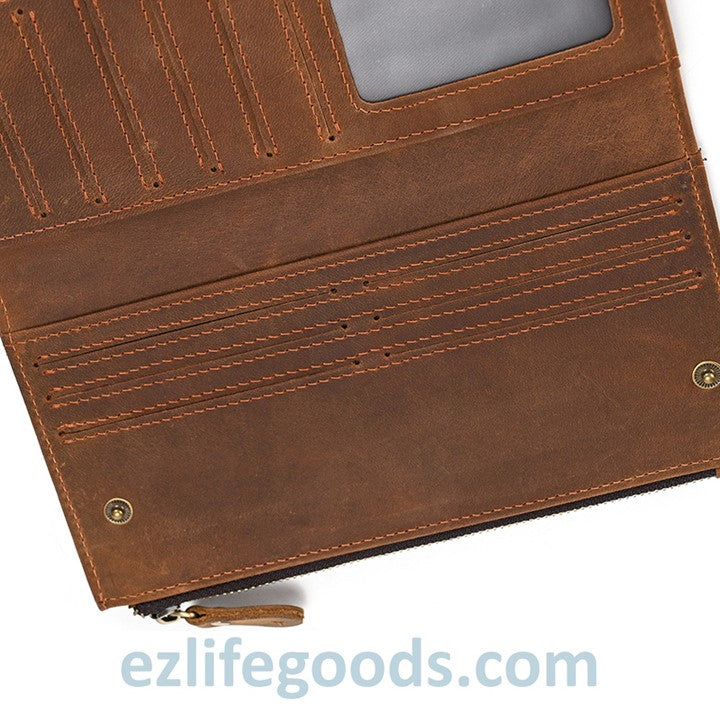 EZLIFEGOODS-Unisex Genuine Leather Wallet| Long Zipper Slim Wallet| Phone Purse with 12 Cardholders-Brown