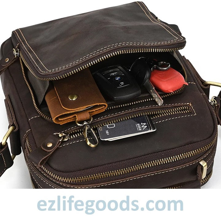 EZLIFEGOODS-Genuine Leather Crossbody Bag for Men| Brown Messenger Shoulder Bag with Many Pockets Dark Brown