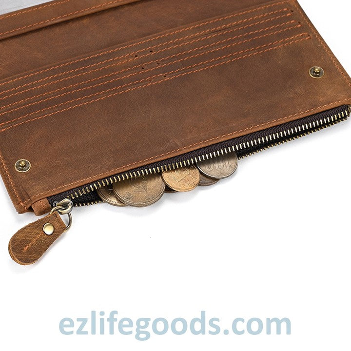 EZLIFEGOODS-Unisex Genuine Leather Wallet| Long Zipper Slim Wallet| Phone Purse with 12 Cardholders-Brown