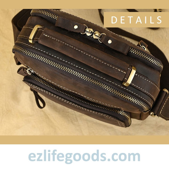 EZLIFEGOODS-Genuine Leather Crossbody Bag for Men| Brown Messenger Shoulder Bag with Many Pockets Dark Brown