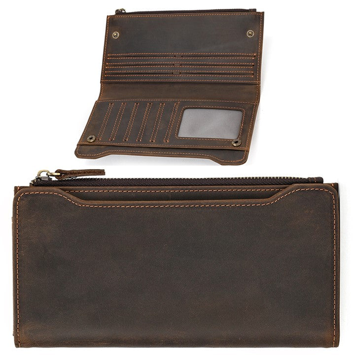 EZLIFEGOODS-Unisex Genuine Leather Wallet| Long Zipper Slim Wallet| Phone Purse with 12 Cardholders-Dark Brown