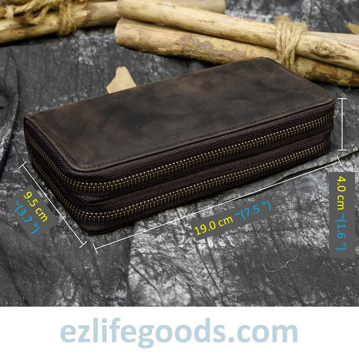 EZLIFEGOODS-Unisex Crazy Horse Genuine Leather Double Zipper Long Wallet