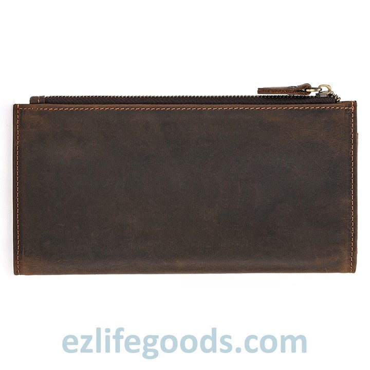 EZLIFEGOODS-Unisex Genuine Leather Wallet| Long Zipper Slim Wallet| Phone Purse with 12 Cardholders-Dark Brown
