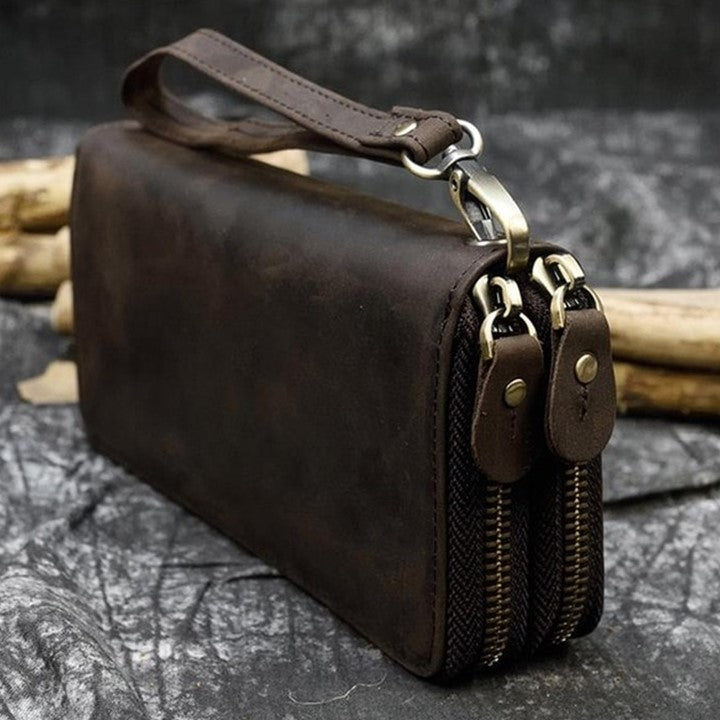 EZLIFEGOODS-Unisex Crazy Horse Genuine Leather Double Zipper Long Wallet Dark Brown