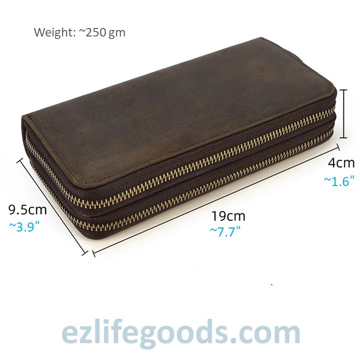 EZLIFEGOODS-Unisex Crazy Horse Genuine Leather Double Zipper Long Wallet