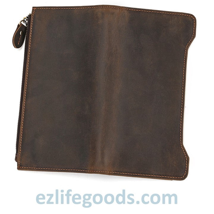 EZLIFEGOODS-Unisex Genuine Leather Wallet| Long Zipper Slim Wallet| Phone Purse with 12 Cardholders-Dark Brown