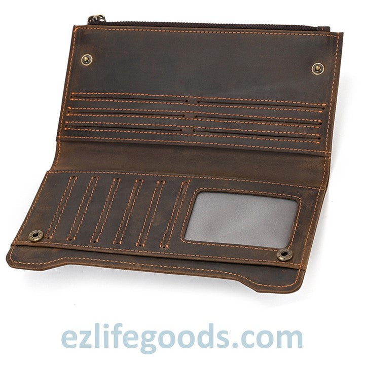 EZLIFEGOODS-Unisex Genuine Leather Wallet| Long Zipper Slim Wallet| Phone Purse with 12 Cardholders-Dark Brown