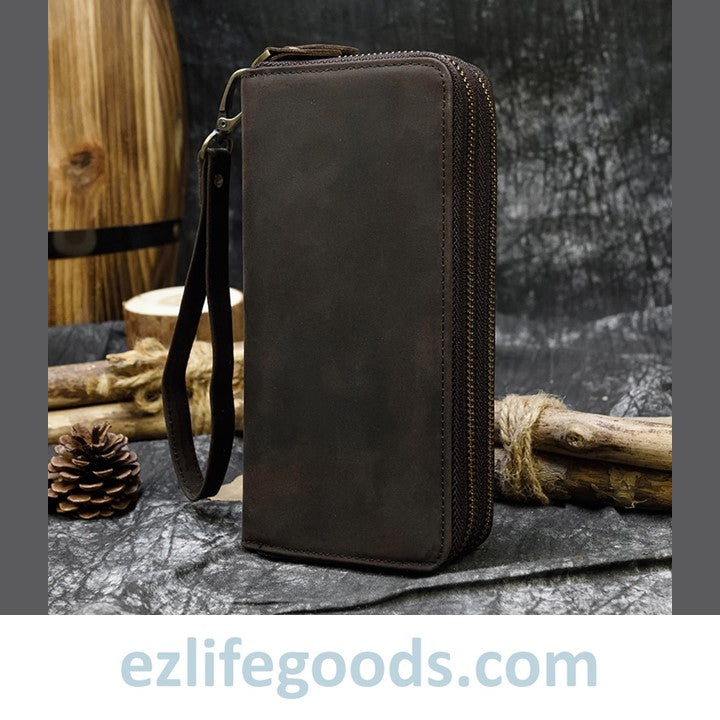 EZLIFEGOODS-Unisex Crazy Horse Genuine Leather Double Zipper Long Wallet Dark Brown