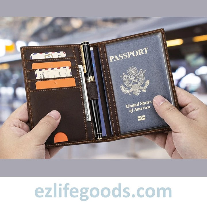 EZLIFEGOODS-Rfid Protected Wallet| Passport Cover & Cardholder Wallet|Leather Passport Holder Travel Wallet - Coffee Brown
