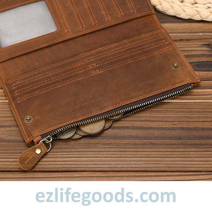 EZLIFEGOODS-Unisex Genuine Leather Wallet| Long Zipper Slim Wallet| Phone Purse with 12 Cardholders-Brown