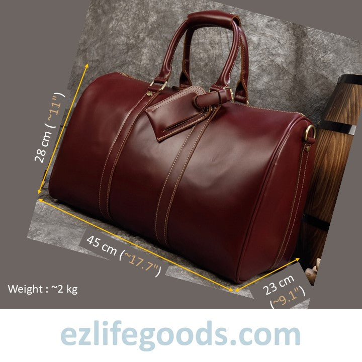 EZLIFEGOODS-Elegant Polished Genuine Leather Duffle Travel Bag 45 cm in Wine Color Tones Bright Bordeaux