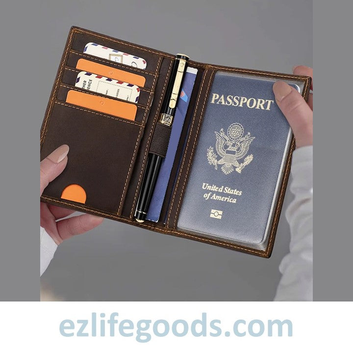 EZLIFEGOODS-Rfid Protected Wallet| Passport Cover & Cardholder Wallet|Leather Passport Holder Travel Wallet - Coffee Brown