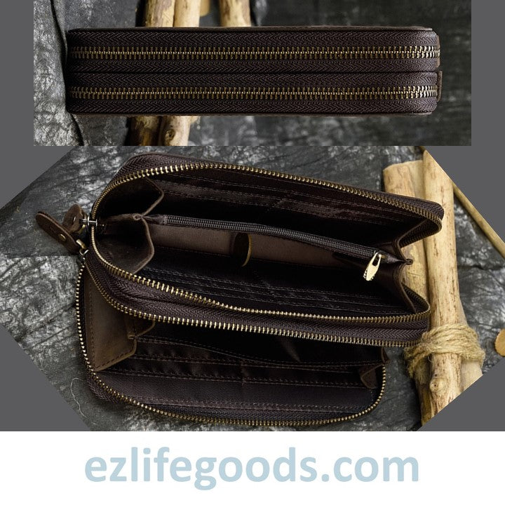 EZLIFEGOODS-Unisex Crazy Horse Genuine Leather Double Zipper Long Wallet Dark Brown