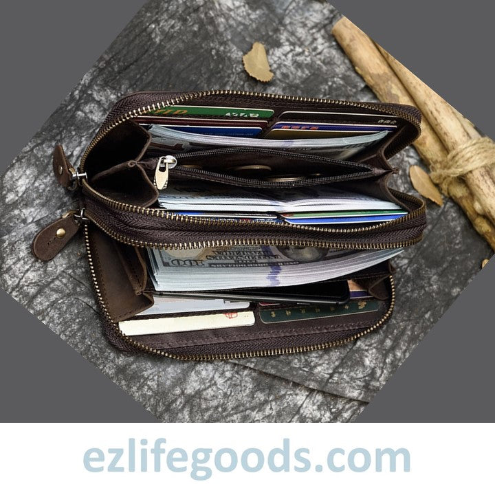 EZLIFEGOODS-Unisex Crazy Horse Genuine Leather Double Zipper Long Wallet Dark Brown
