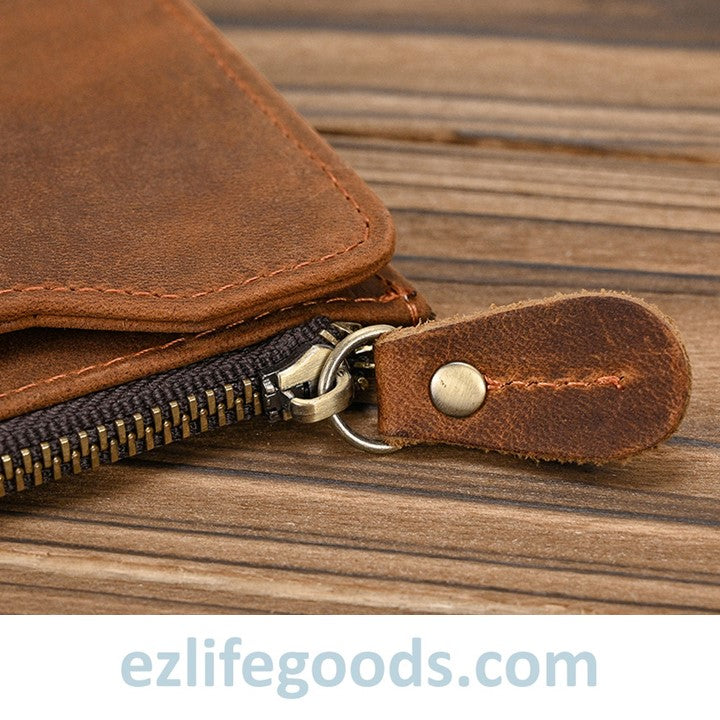 EZLIFEGOODS-Unisex Genuine Leather Wallet| Long Zipper Slim Wallet| Phone Purse with 12 Cardholders-Brown