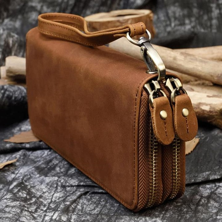 EZLIFEGOODS-Unisex Crazy Horse Genuine Leather Double Zipper Long Wallet Light Brown
