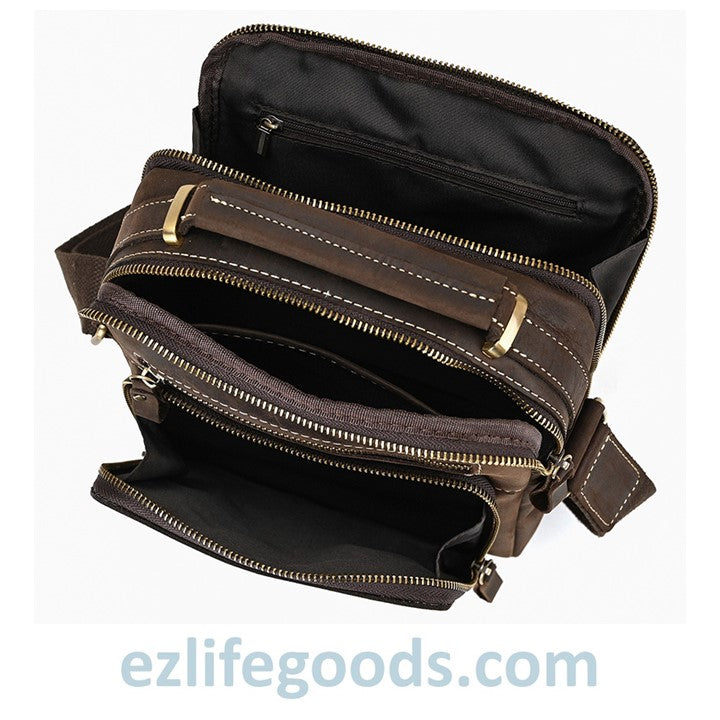 EZLIFEGOODS-Genuine Leather Crossbody Bag for Men| Brown Messenger Shoulder Bag with Many Pockets Dark Brown