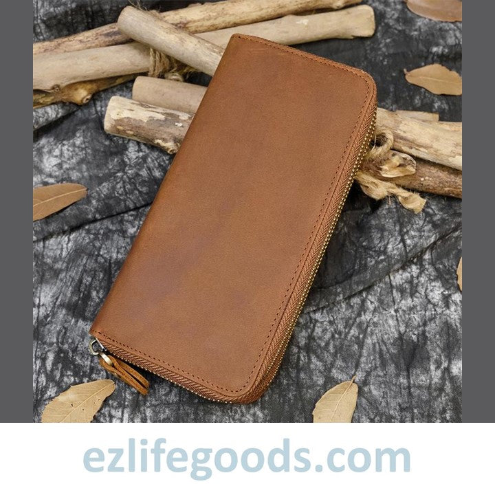 EZLIFEGOODS-Unisex Crazy Horse Genuine Leather Double Zipper Long Wallet Light Brown