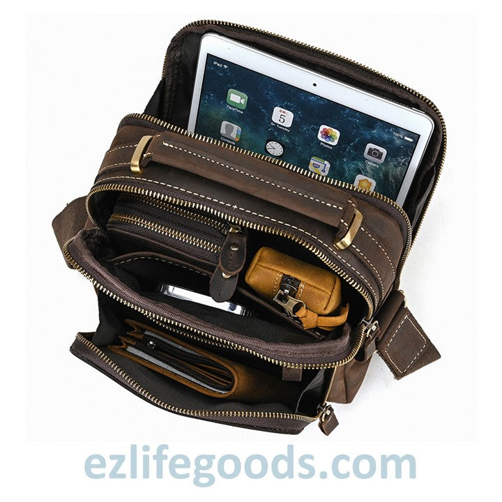 EZLIFEGOODS-Genuine Leather Crossbody Bag for Men| Brown Messenger Shoulder Bag with Many Pockets Dark Brown