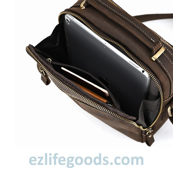 EZLIFEGOODS-Genuine Leather Crossbody Bag for Men| Brown Messenger Shoulder Bag with Many Pockets Dark Brown