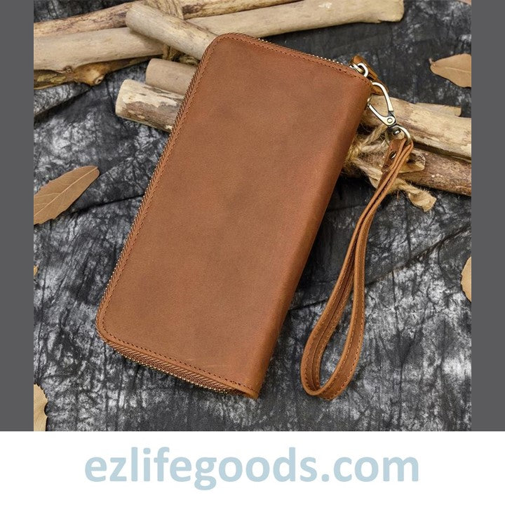 EZLIFEGOODS-Unisex Crazy Horse Genuine Leather Double Zipper Long Wallet Light Brown