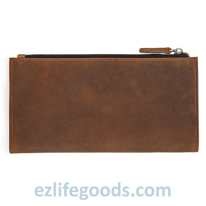 EZLIFEGOODS-Unisex Genuine Leather Wallet| Long Zipper Slim Wallet| Phone Purse with 12 Cardholders- Brown