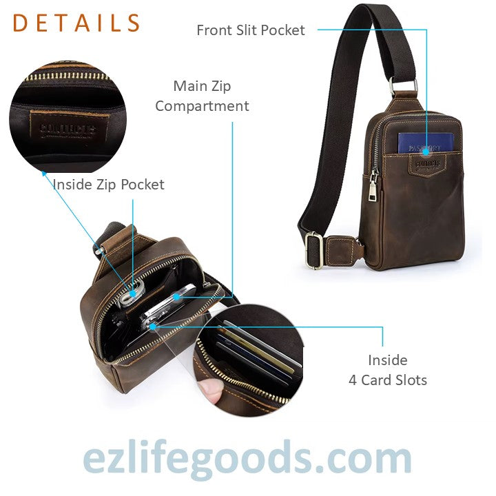 Brown leather sling bag with labeled compartments on a white background, featuring ezlifegoods.com branding.