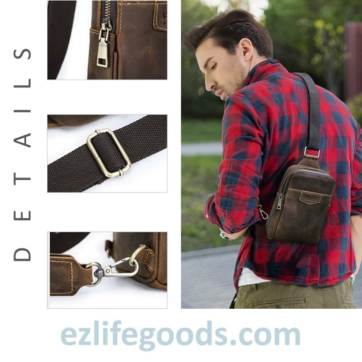 EZLIFEGOODS details of a brown sling leather bag with details and a person wearing it outdoors.