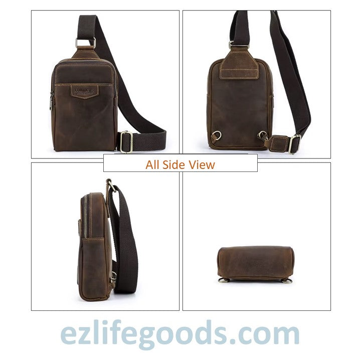 EZLIFEGOODS -Brown leather sling bag shown from multiple angles.