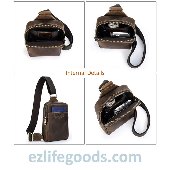EZLIFEGOODS-Brown leather sling bag with multiple views and internal details on a white background.
