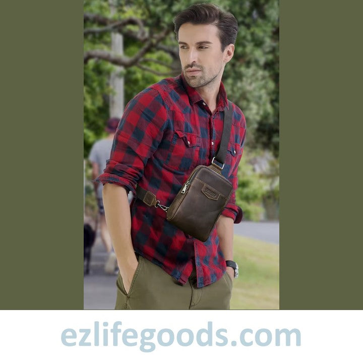 Man model with a brown leather bag in a park setting, with 'ezlifegoods.com' branding.