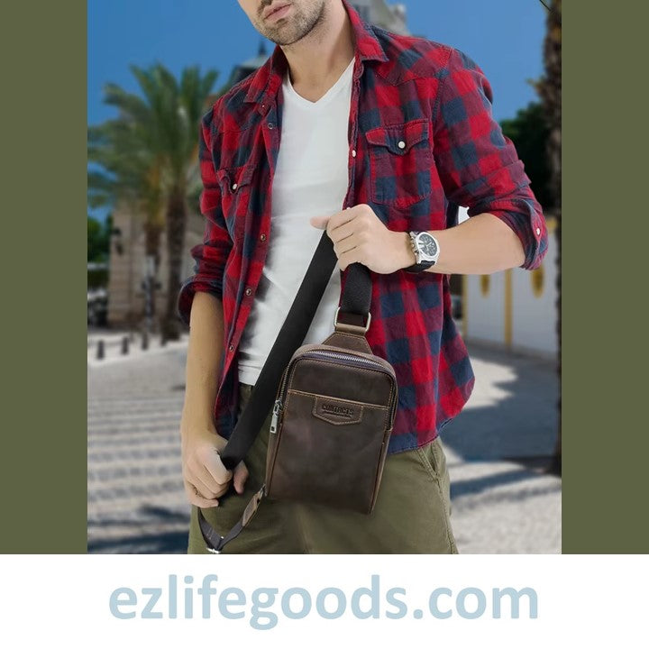 EZLIFEGOODS Man holding a brown leather leather slling bag outdoors 