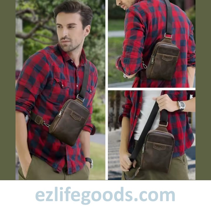 EZLIFEGOODS  Man holding a brown leather mini crossbody bag, featuring EzliLifeGoods.com branding.ody