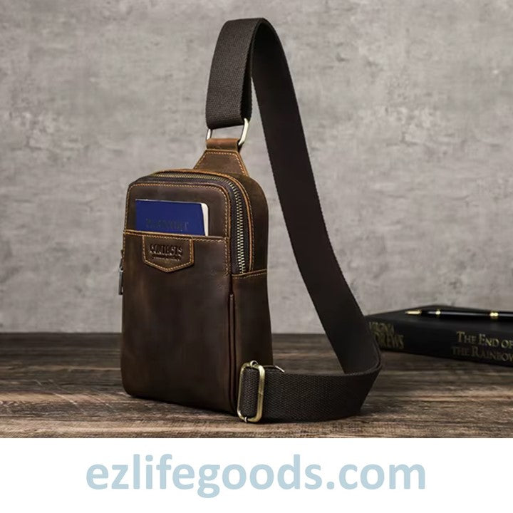 EZLIFEGOODS  featuring Brown leather sling bag on a wooden surface with a gray background