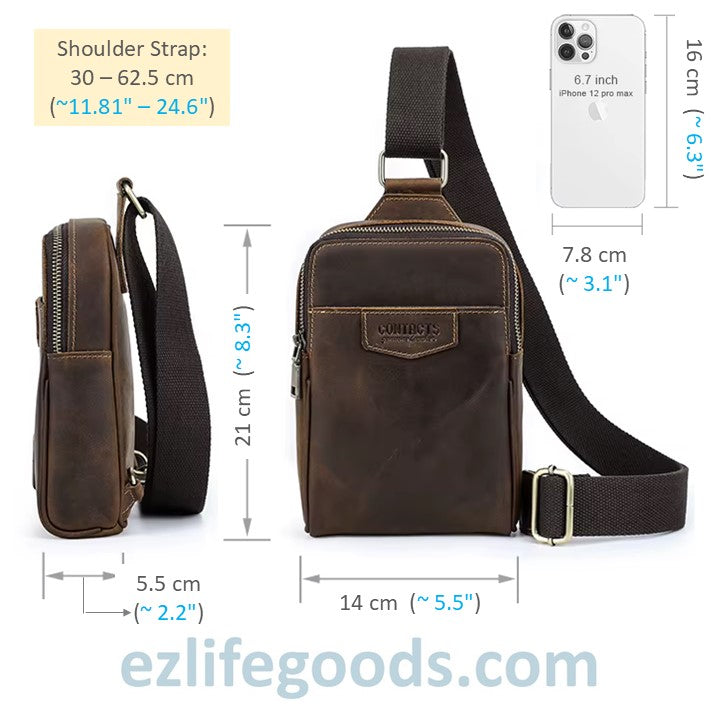 Brown leather sling bag with measurements and smartphone for scale on a white background, featuring ezlifegoods.com.
