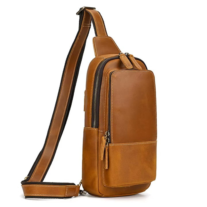 EZLIFEGOODS-Light Brown Genuine Leather Work Bag for Men-Compact Shoulder Bag with Many Pockets-Crossbody Sling Chest Bag-Single Strap Shoulder Backpack-1