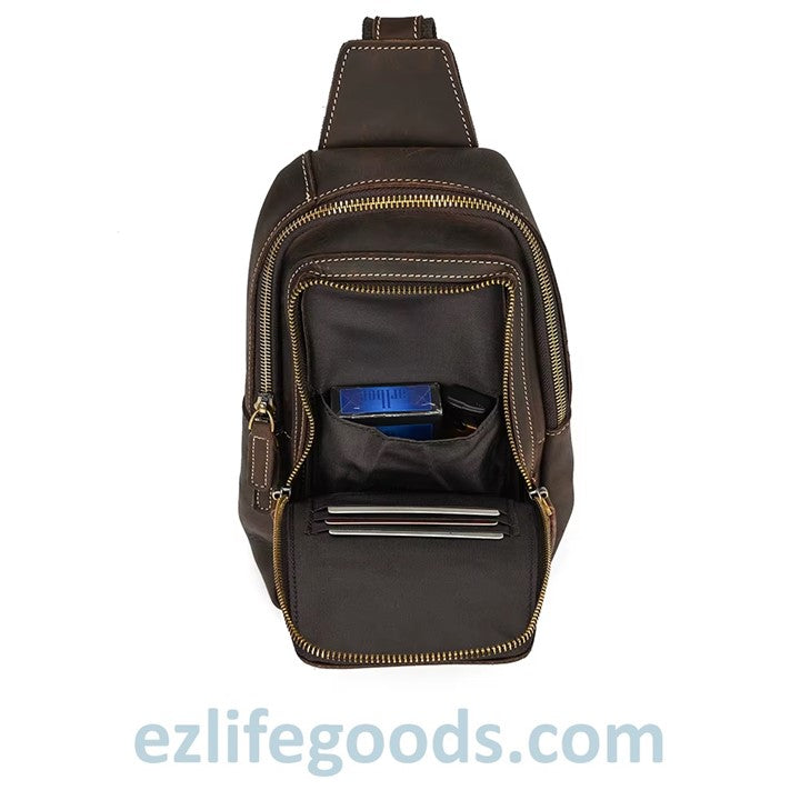 EZLIFEGOODS-Dark Brown sling bag showing inside details and pockets.