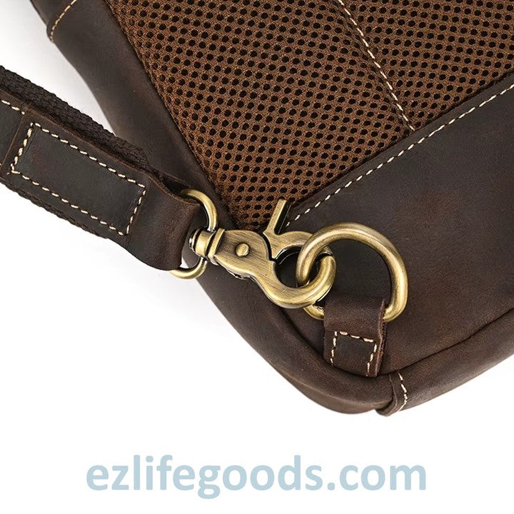 EZLIFEGOODS-Dark Brown leather bag with gold clasp on a white background, featuring ezlifegoods.com branding.