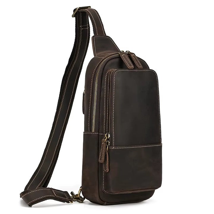 EZLIFEGOODS-DarkBrown Genuine Leather Work Bag for Men-Compact Shoulder Bag with Many Pockets-Crossbody Sling Chest Bag-Single Strap Shoulder Backpack 2