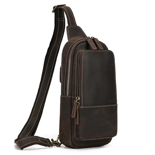 EZLIFEGOODS-DarkBrown Genuine Leather Work Bag for Men-Compact Shoulder Bag with Many Pockets-Crossbody Sling Chest Bag-Single Strap Shoulder Backpack 2