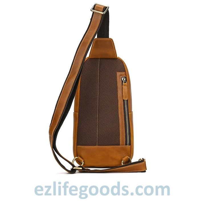 EZLIFEGOODS-Back picture of Light Brown Genuine_Leather_Work_Bag_for_Men-Compact_Shoulder_Bag_with_Many_Pockets-Crossbody_Sling_Chest_Bag-Single_Strap_Shoulder_Backpack-24