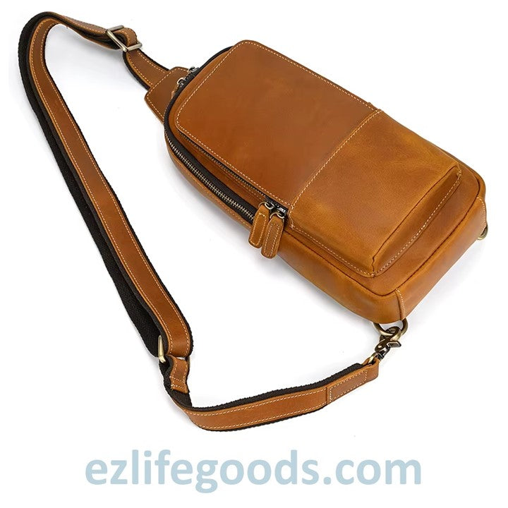 EZLIFEGOODS-Light Brown Genuine_Leather_Work_Bag_for_Men-Compact_Shoulder_Bag_with_Many_Pockets-Crossbody_Sling_Chest_Bag-Single_Strap_Shoulder_Backpack-25