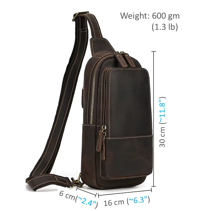 EZLIFEGOODS-Brown leather sling bag with measurements on a white background