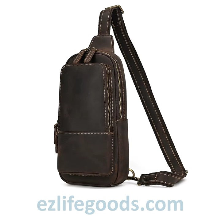 EZLIFEGOODS-Dark Brown Genuine Leather Work Bag for Men-Compact Shoulder Bag with Many Pockets-Crossbody Sling Chest Bag-Single Strap Shoulder Backpack-3