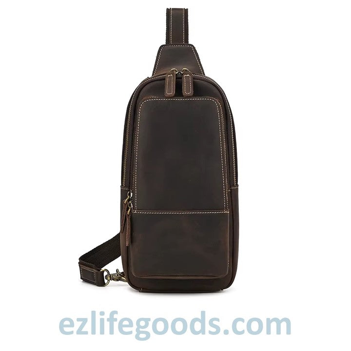 EZLIFEGOODS-Dark Brown Genuine Leather Work Bag for Men-Compact Shoulder Bag with Many Pockets-Crossbody Sling Chest Bag-Single Strap Shoulder Backpack-4